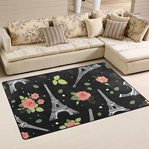 Black Pink Paris Eiffel Tower and Roses Area Rug