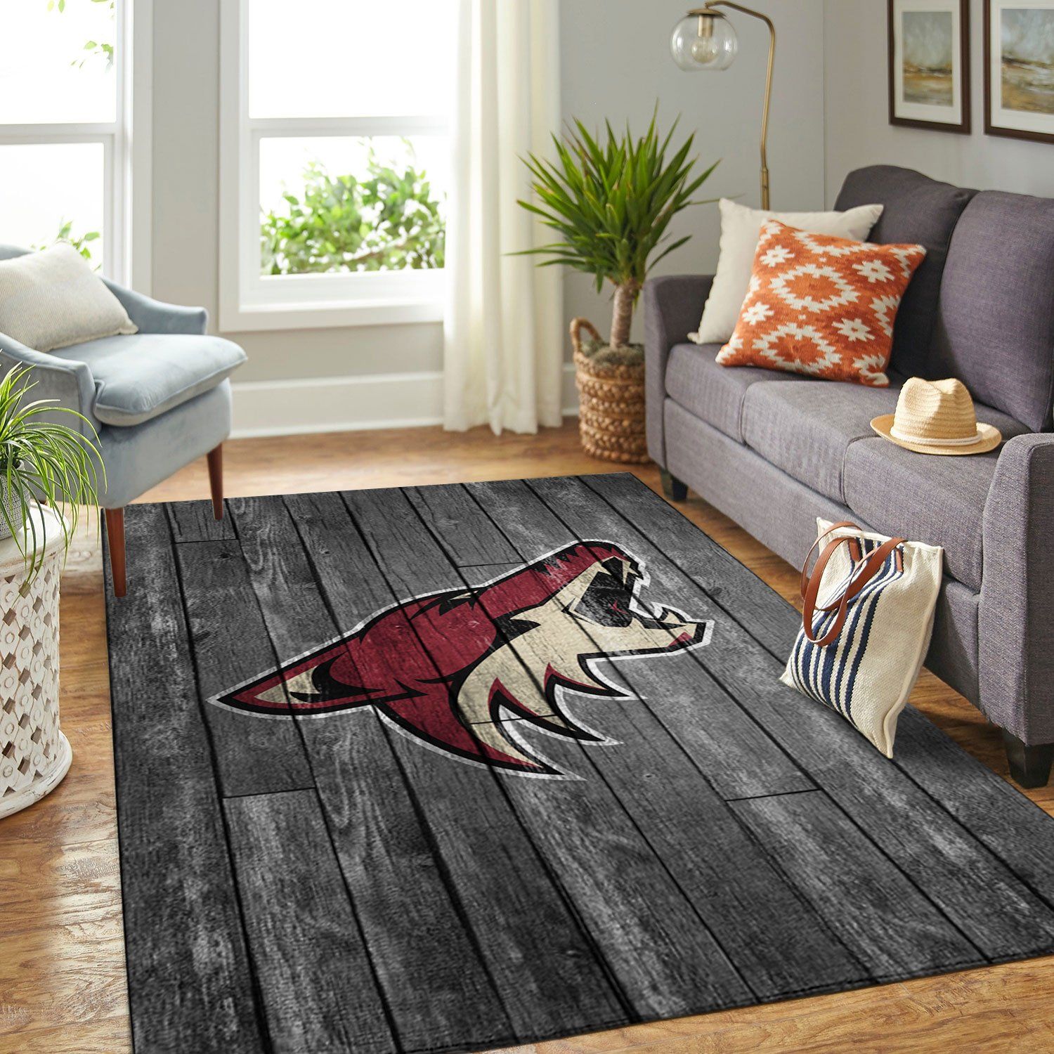 Arizona Coyotes Nhl Team Logo Grey Wooden Style Nice Gift Home Decor Rectangle Area Rug