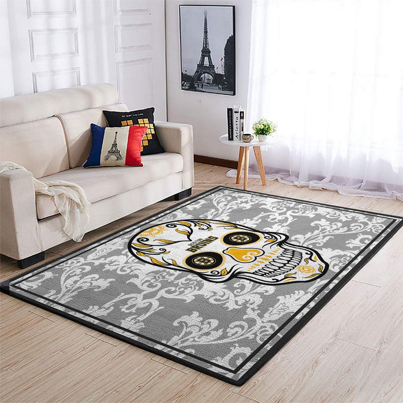 Boston Bruins Nhl Team Logo Skull Flower Style Nice Gift Home Decor Rectangle Area Rug