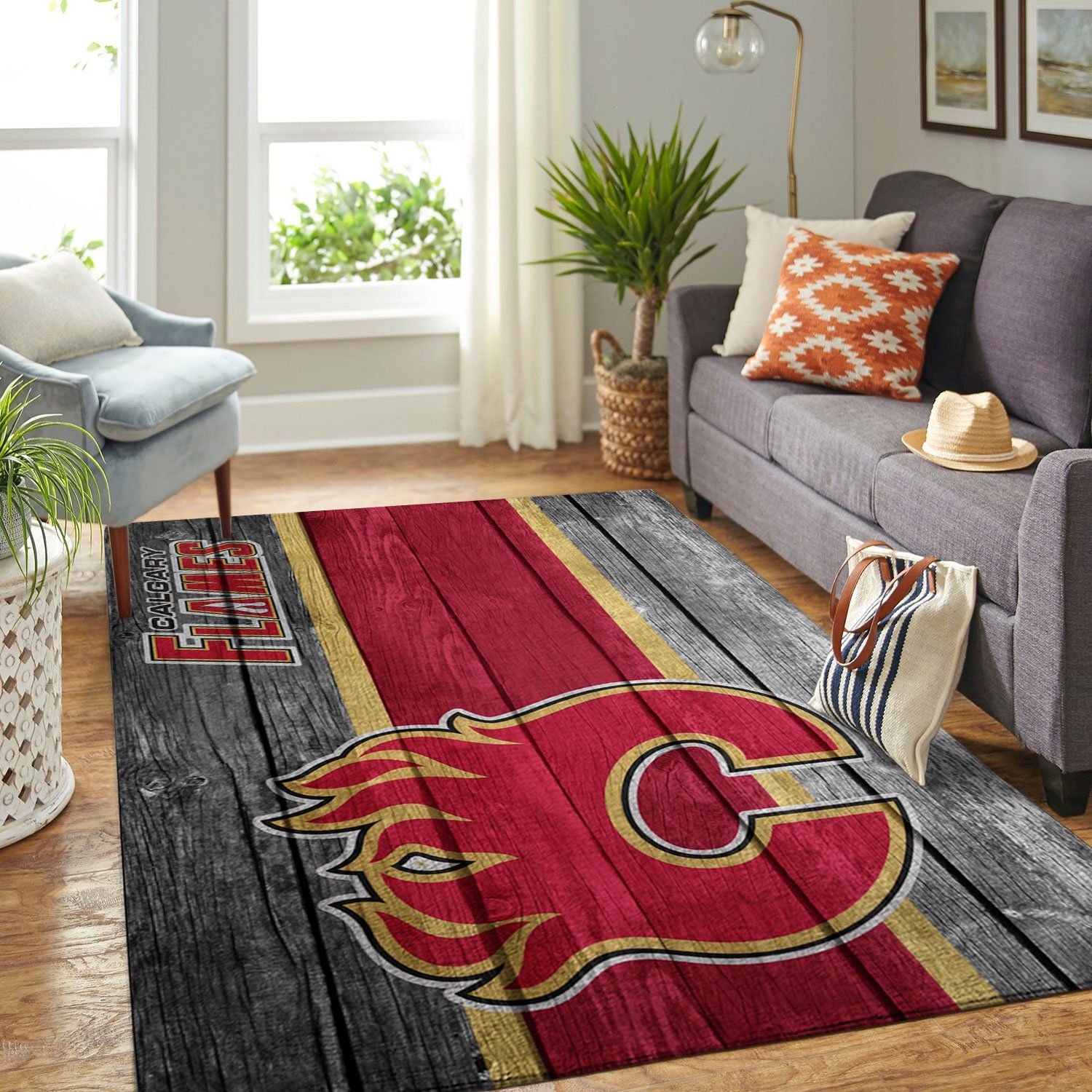 Calgary Flames Nhl Team Logo Wooden Style Nice Gift Home Decor Rectangle Area Rug
