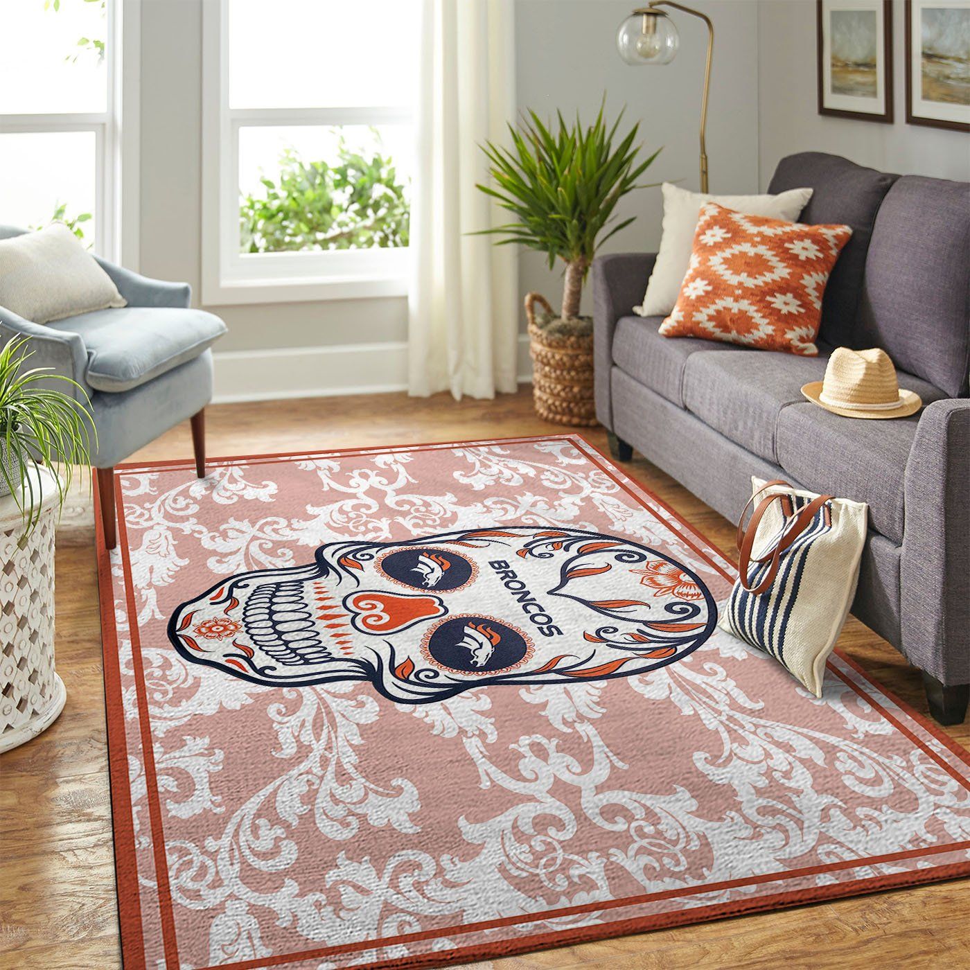Denver Broncos Nfl Team Logo Skull Flower Style Nice Gift Home Decor Rectangle Area Rug