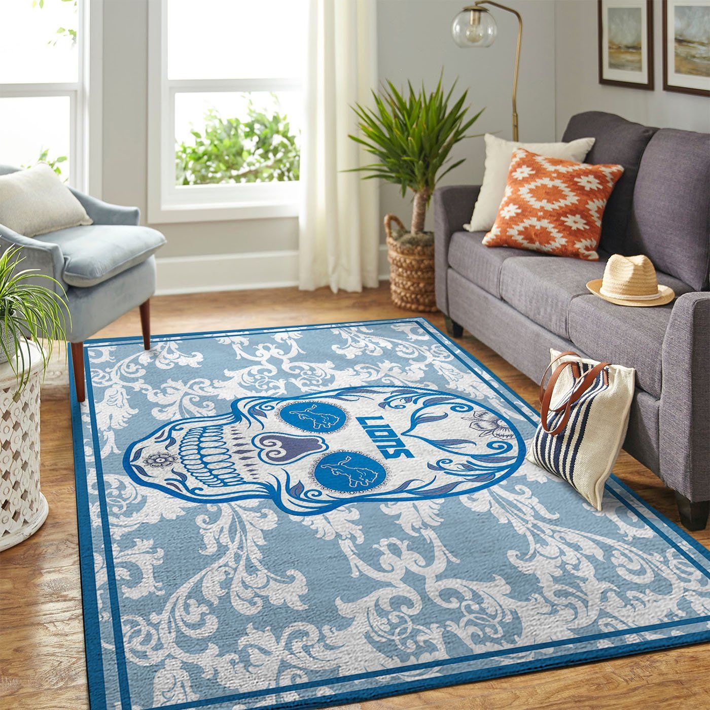 Detroit Lions Nfl Team Logo Skull Flower Style Nice Gift Home Decor Rectangle Area Rug
