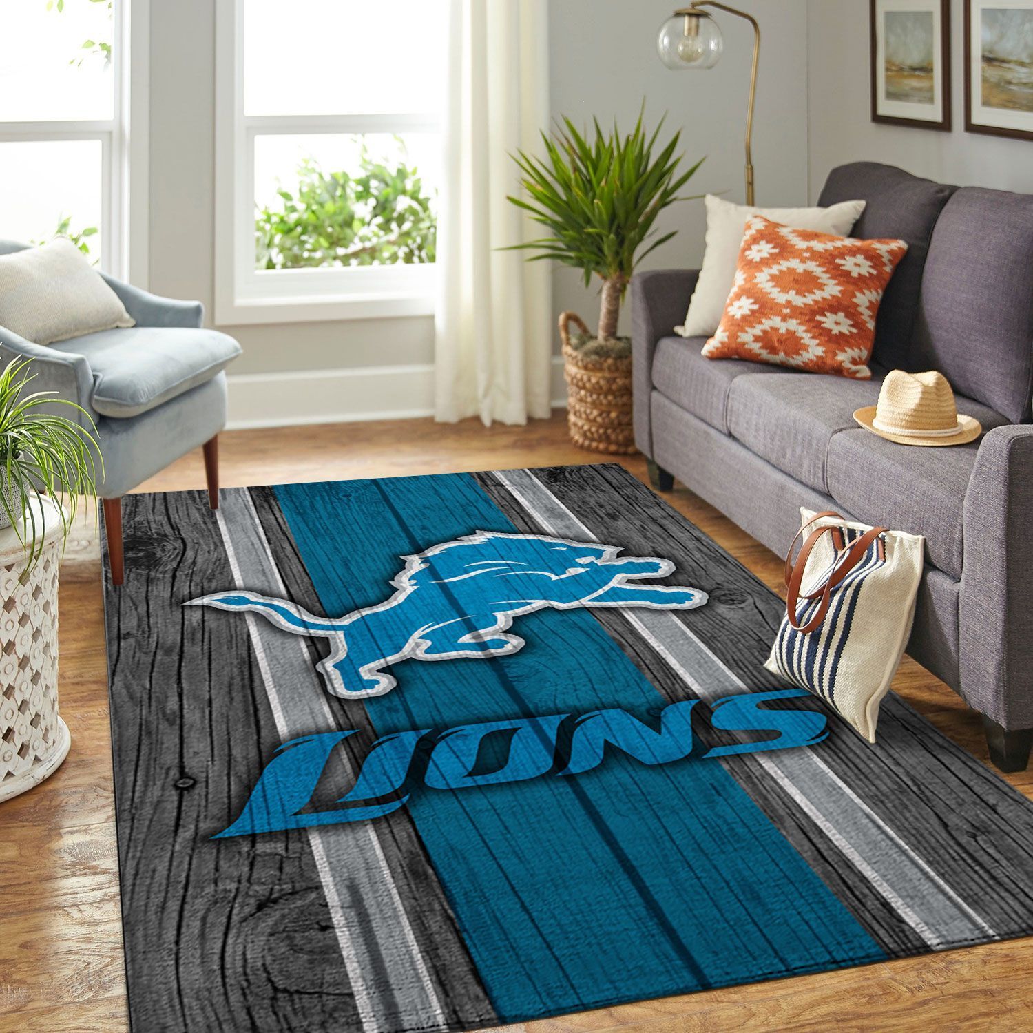 Detroit Lions Nfl Team Logo Wooden Style Style Nice Gift Home Decor Rectangle Area Rug