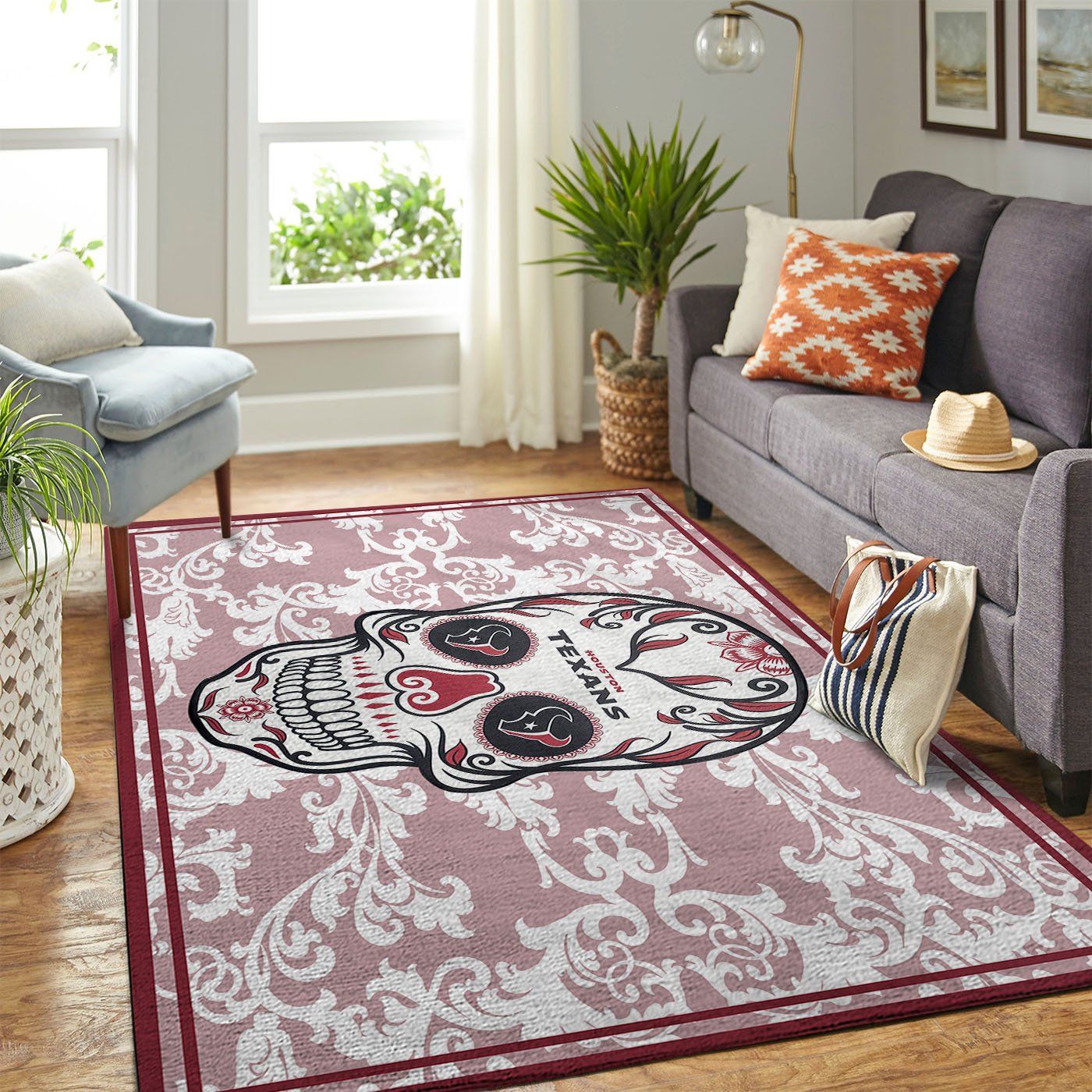 Houston Texans Nfl Team Logo Skull Flower Style Nice Gift Home Decor Rectangle Area Rug