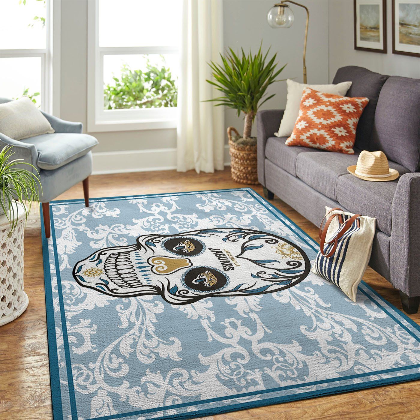 Jacksonville Jaguars Nfl Team Logo Skull Flower Style Nice Gift Home Decor Rectangle Area Rug