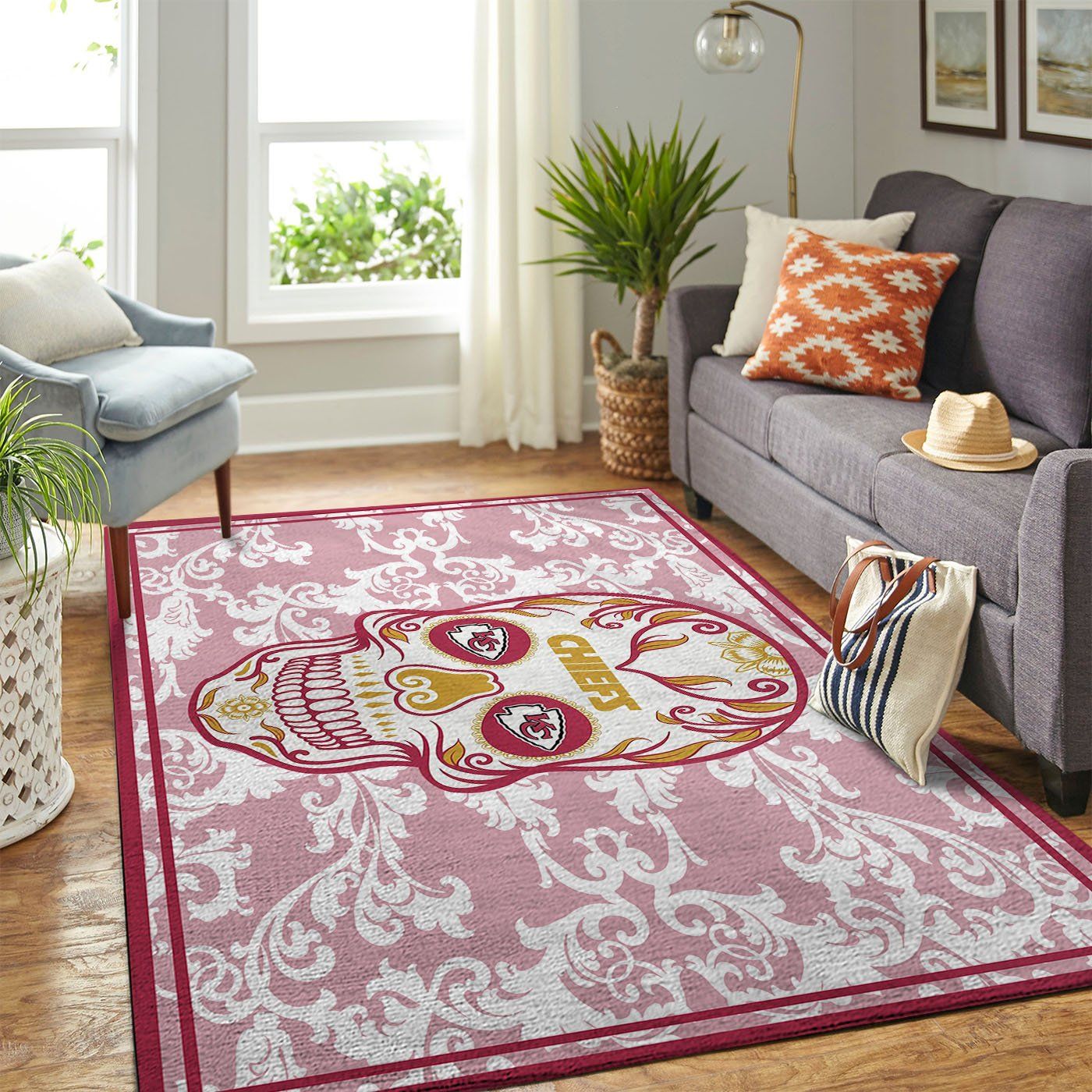 Kansas City Chiefs Nfl Team Logo Skull Flower Style Nice Gift Home Decor Rectangle Area Rug
