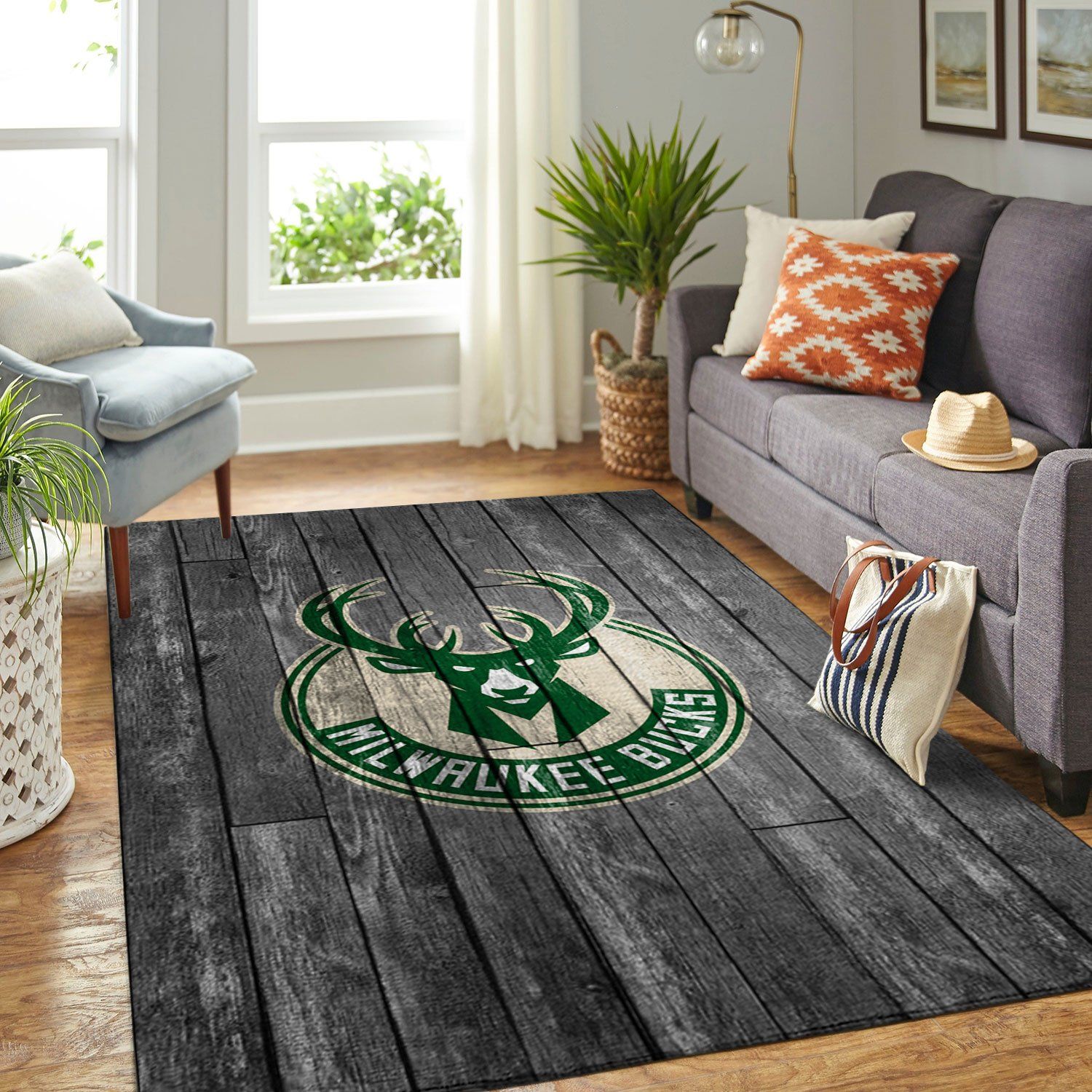Milwaukee Bucks Nba Team Logo Grey Wooden Style Nice Gift Home Decor Rectangle Area Rug