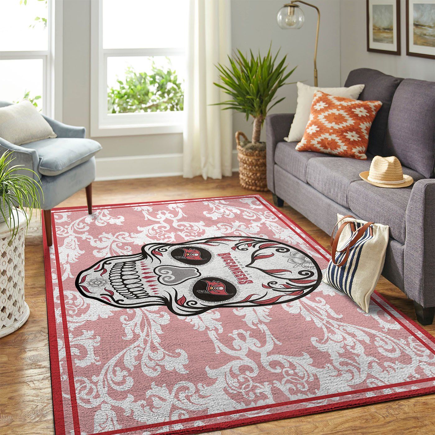Tampa Bay Buccaneers Nfl Team Logo Skull Flower Style Nice Gift Home Decor Rectangle Area Rug