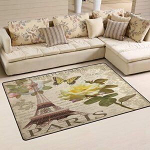 Eiffel Tower Paris Rose Butterfly Area Rug Carpet Decor