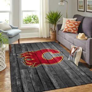 Calgary Flames Nhl Team Logo Grey Wooden Style Nice Gift Home Decor Rectangle Area Rug