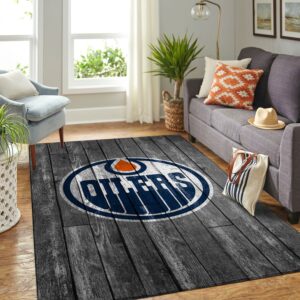 Edmonton Oilers Nhl Team Logo Grey Wooden Style Nice Gift Home Decor Rectangle Area Rug