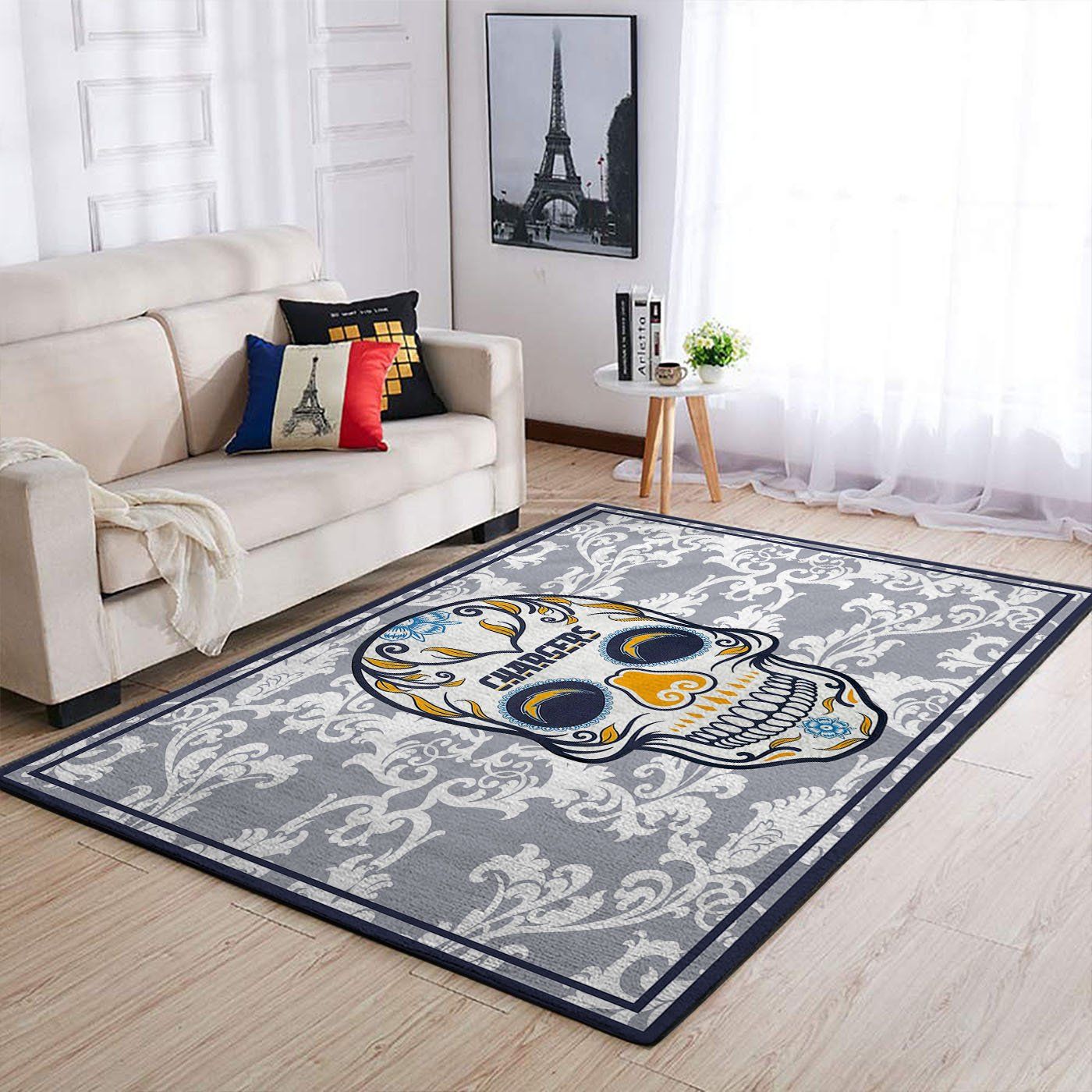 Los Angeles Chargers Nfl Team Logo Skull Flower Style Nice Gift Home Decor Rectangle Area Rug