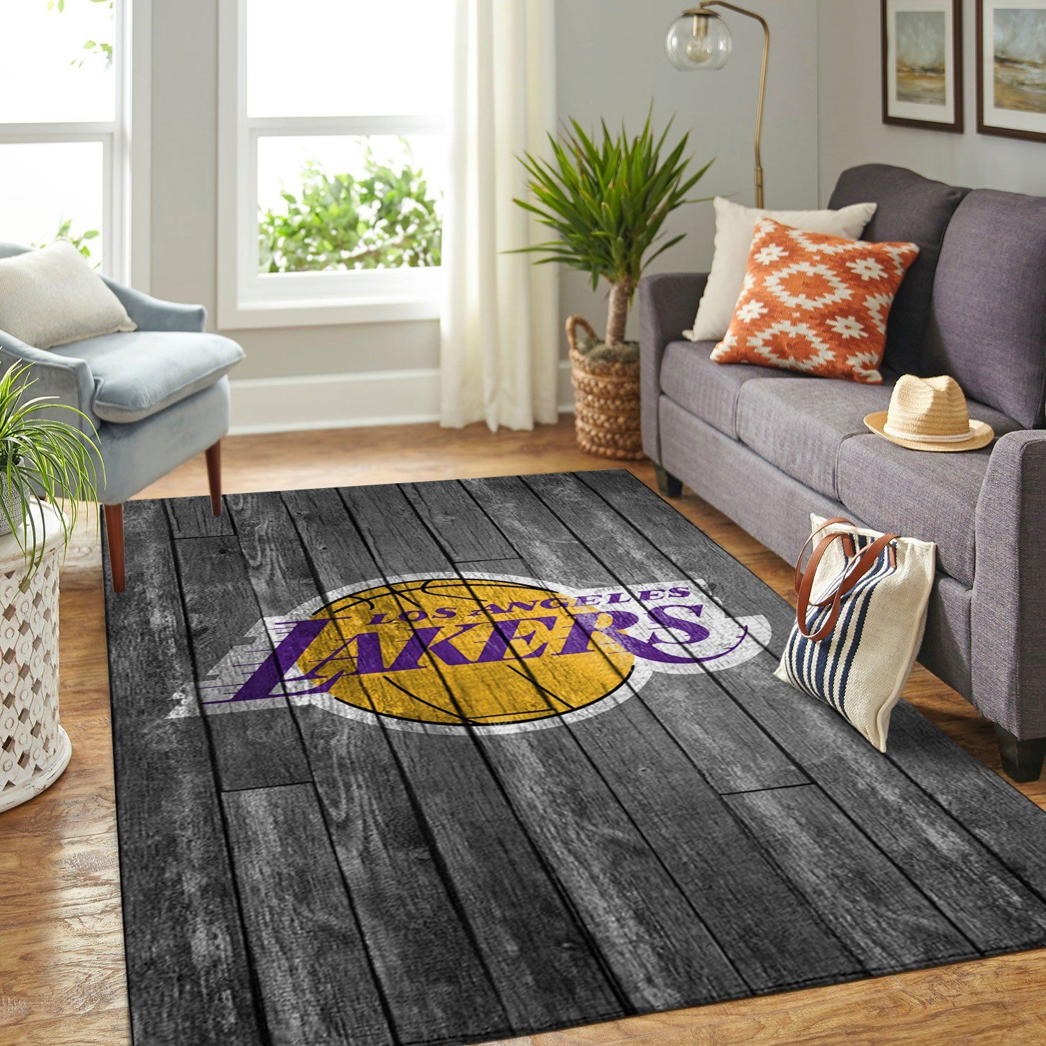 Los Angeles Lakers Nba Team Logo Grey Wooden Style Nice Gift Home Decor Rectangle Area Rug