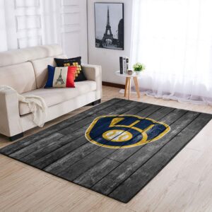 Milwaukee Brewers Mlb Team Logo Grey Wooden Style Style Nice Gift Home Decor Rectangle Area Rug