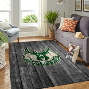 Milwaukee Bucks Nba Team Logo Grey Wooden Style Nice Gift Home Decor Rectangle Area Rug
