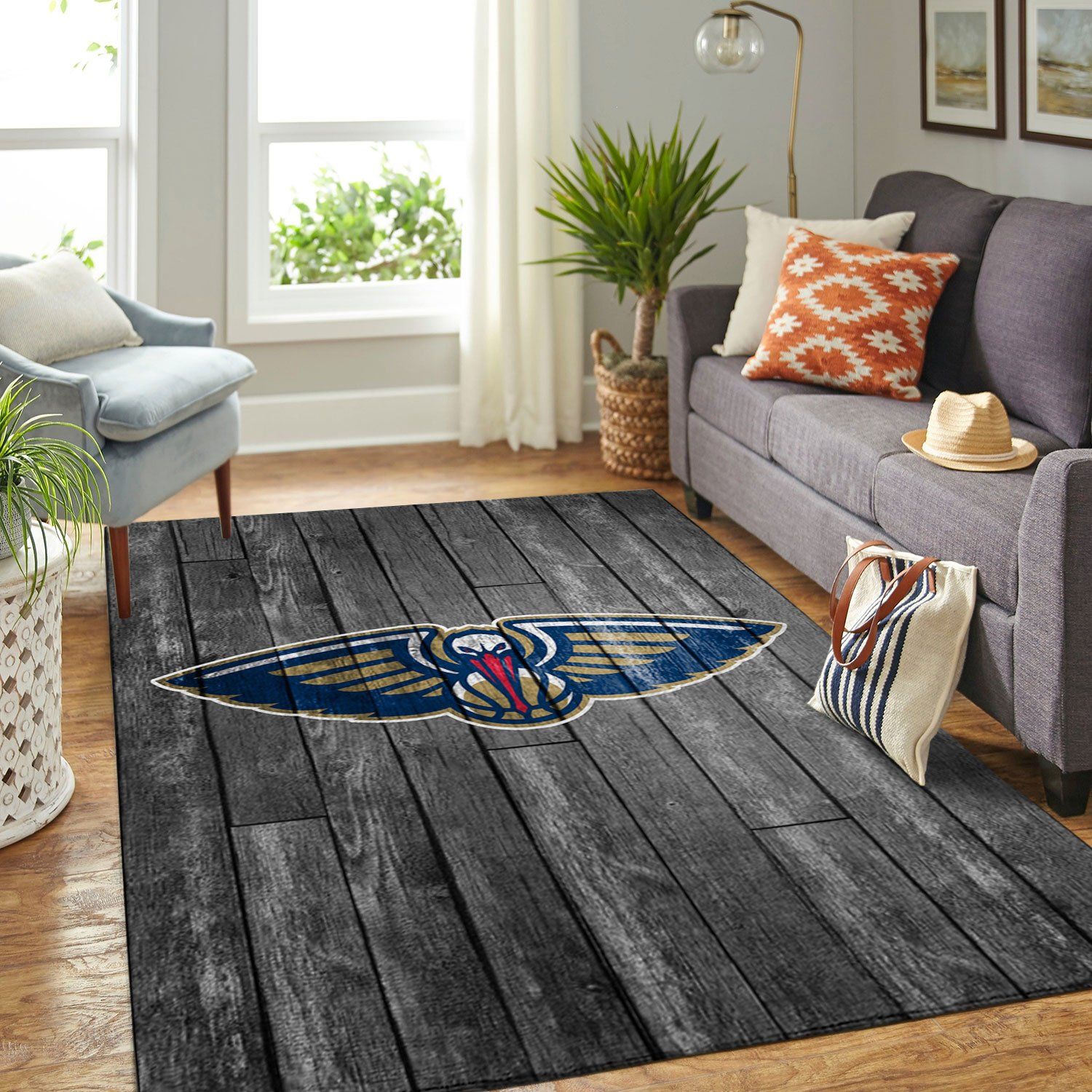New Orleans Pelicans Nba Team Logo Grey Wooden Style Nice Gift Home Decor Rectangle Area Rug