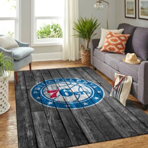 Philadelphia 76ers Nba Team Logo Grey Wooden Style Nice Gift Home Decor Rectangle Area Rug