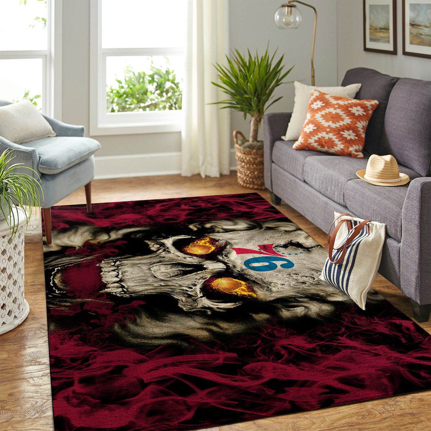 Philadelphia 76ers Nba Team Logo Skull Style Nice Gift Home Decor Rectangle Area Rug