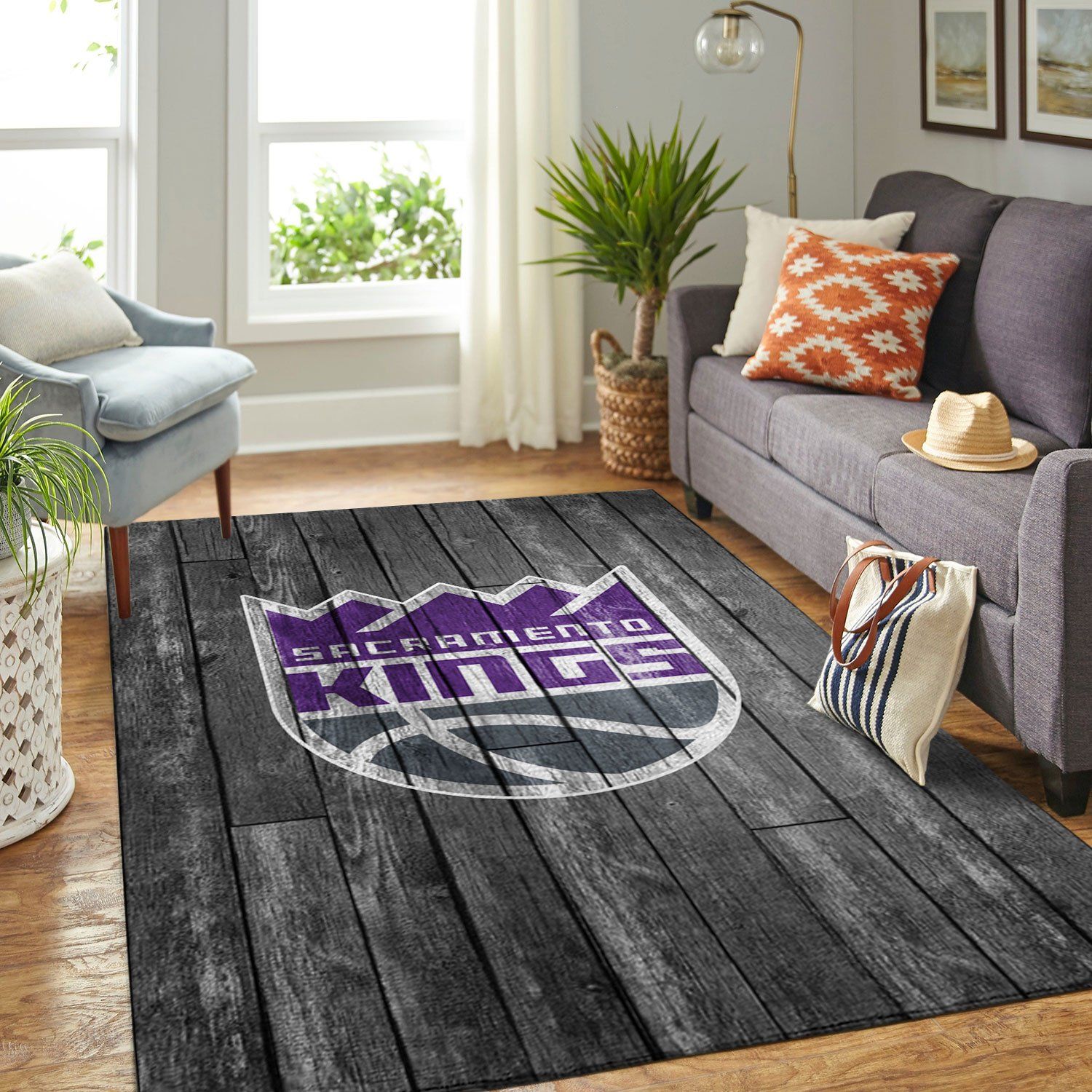 Sacramento Kings Nba Team Logo Grey Wooden Style Nice Gift Home Decor Rectangle Area Rug