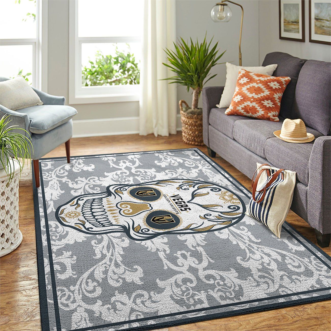 Vegas Golden Knights Nhl Team Logo Skull Flower Style Nice Gift Home Decor Rectangle Area Rug