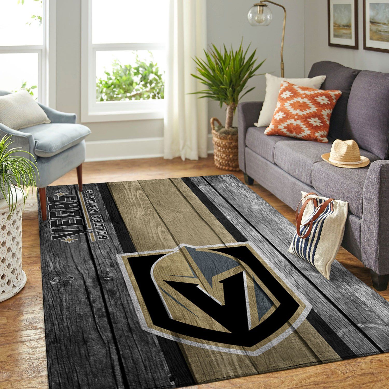Vegas Golden Knights Nhl Team Logo Wooden Style Nice Gift Home Decor Rectangle Area Rug