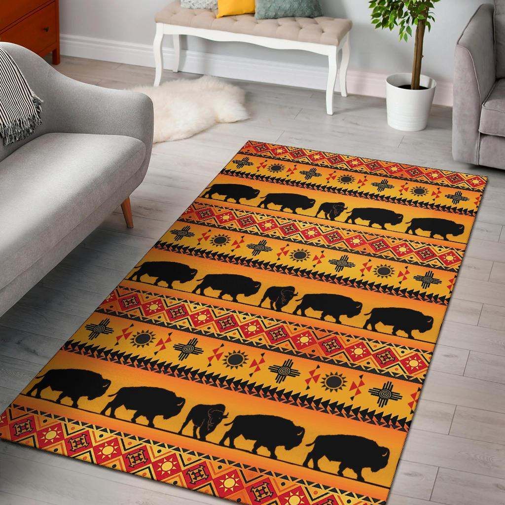 Running Bisons Yellow Native American Area Rug Carpet
