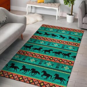 Running Horses Green Native American Area Rug Carpet