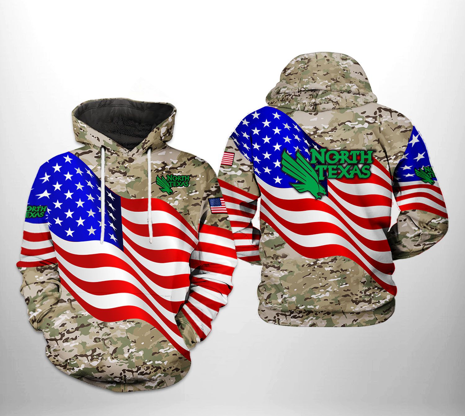 North Texas Mean Green NCAA US Flag Camo Veteran 3D Printed Hoodie/Zipper Hoodie