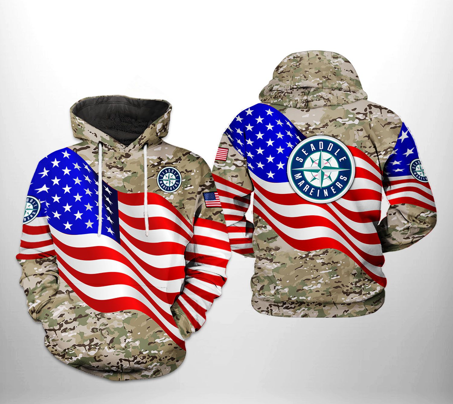 Seattle Mariners MLB US Flag Camo Veteran 3D Printed Hoodie/Zipper
