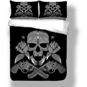 Black Skeleton Death’S Head Pistol Duvet Cover and Pillowcase Set Bedding Set