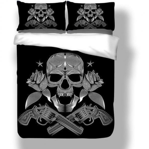 Black Skeleton Death’S Head Pistol Duvet Cover and Pillowcase Set Bedding Set