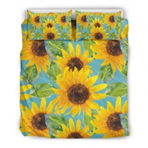 Blue Watercolor Sunflower Pattern Print Duvet Cover and Pillowcase Set Bedding Set