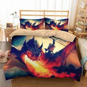 Dragon Fire Breath Fantasy Warrior Duvet Cover and Pillowcase Set Bedding Set