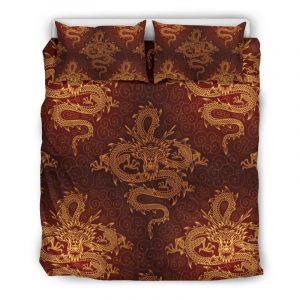 Gold Chinese Dragon Pattern Print Duvet Cover and Pillowcase Set Bedding Set