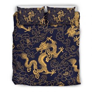 Gold Japanese Dragon Pattern Print Duvet Cover and Pillowcase Set Bedding Set