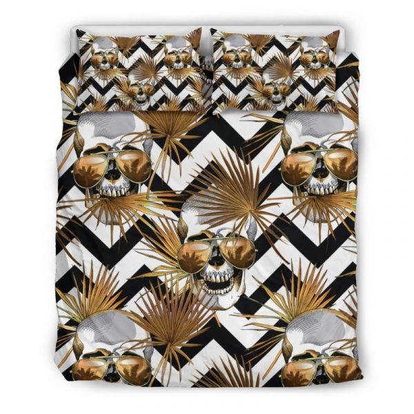 Gold Tropical Skull Pattern Print Duvet Cover and Pillowcase Set Bedding Set