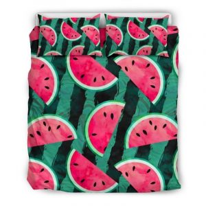 Green Striped Watermelon Pattern Print Duvet Cover and Pillowcase Set Bedding Set