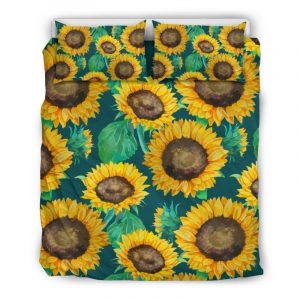 Green Watercolor Sunflower Pattern Print Duvet Cover and Pillowcase Set Bedding Set