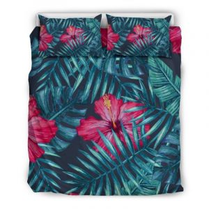 Hot Pink Hibiscus Tropical Pattern Print Duvet Cover and Pillowcase Set Bedding Set
