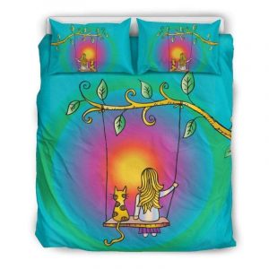 Lovely Cat And A Girl Sitting On The Swing Duvet Cover and Pillowcase Set Bedding Set