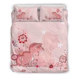 Lovely Pink Cat And The Lady Bug Duvet Cover and Pillowcase Set Bedding Set