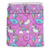Pink Girly Unicorn Donut Pattern Print Duvet Cover and Pillowcase Set Bedding Set