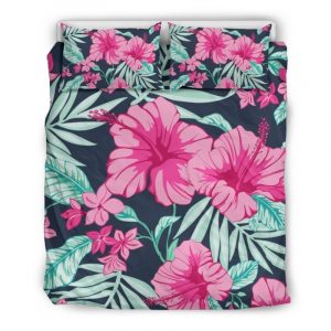 Pink Hibiscus Tropical Pattern Print Duvet Cover and Pillowcase Set Bedding Set
