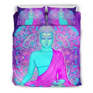 Purple And Teal Buddha Print Duvet Cover and Pillowcase Set Bedding Set