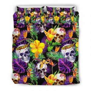 Purple Tropical Skull Pattern Print Duvet Cover and Pillowcase Set Bedding Set