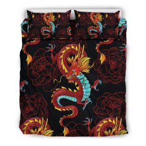 Red Dragon Lotus Pattern Print Duvet Cover and Pillowcase Set Bedding Set