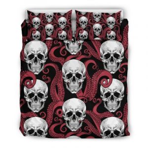 Red Octopus Skull Pattern Print Duvet Cover and Pillowcase Set Bedding Set