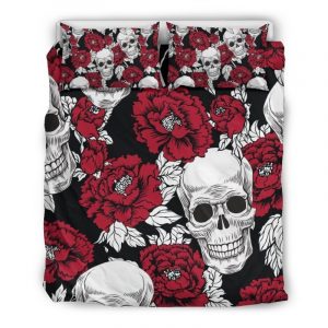 Red Peony Skull Pattern Print Duvet Cover and Pillowcase Set Bedding Set