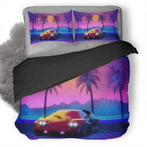 Retro Lamborghini Countach Palm Trees Fs Duvet Cover and Pillowcase Set Bedding Set