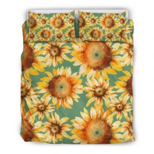 Sage Watercolor Sunflower Pattern Print Duvet Cover and Pillowcase Set Bedding Set